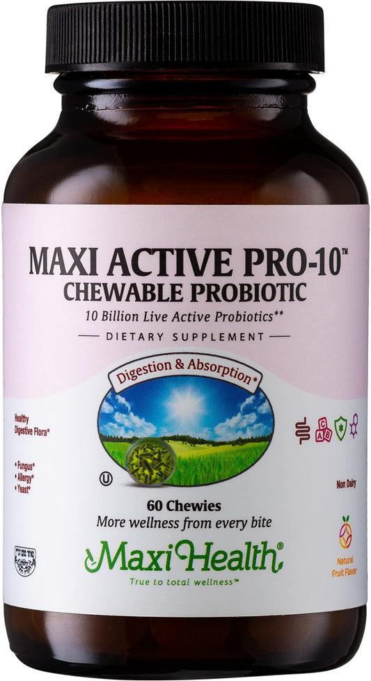 Maxi Health Active Pro-10 Kids Probiotic Chewables bottle front showing 60 chews for daily gut balance.