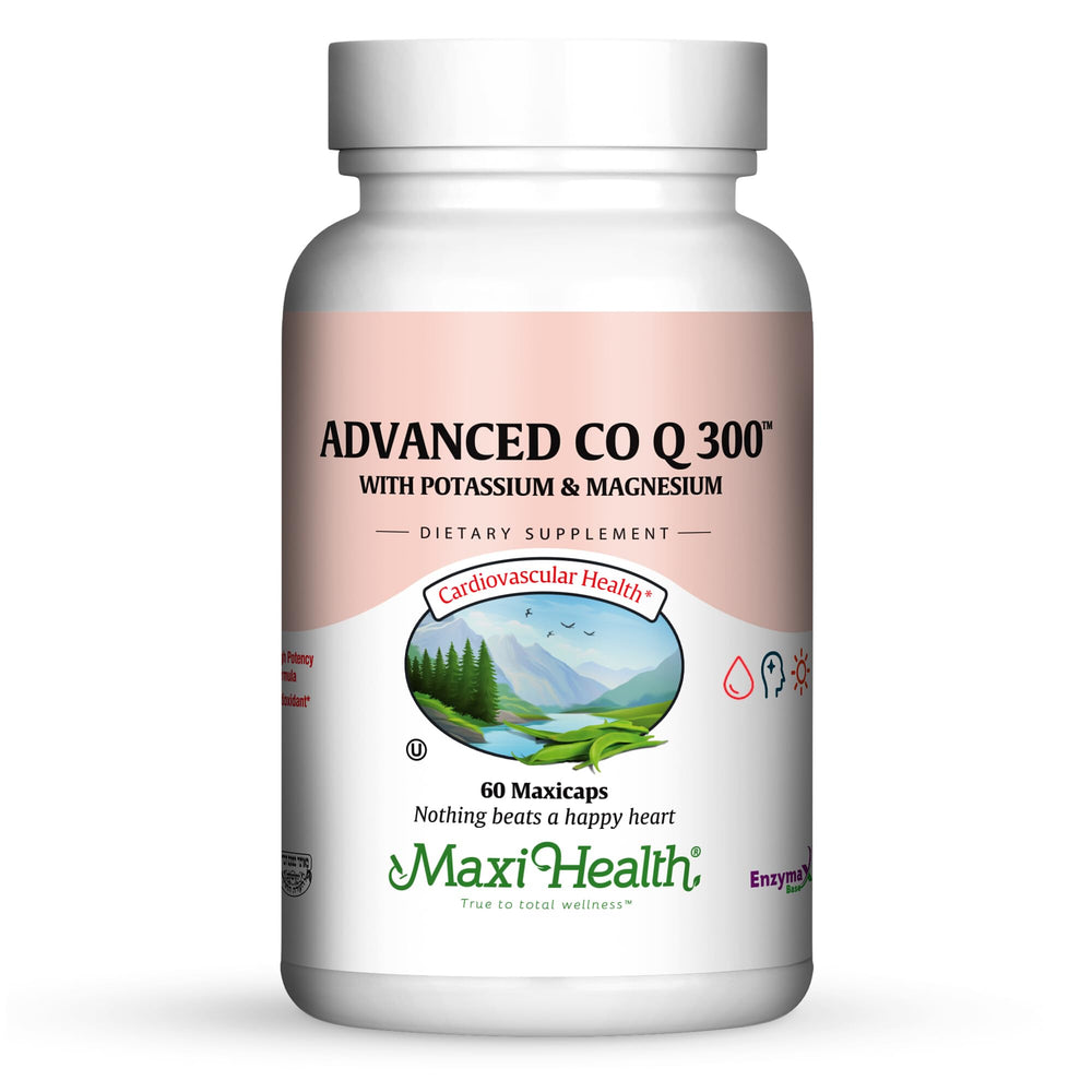 Maxi Health Advanced CoQ10 bottle closeup shows 60 capsules for daily energy support.