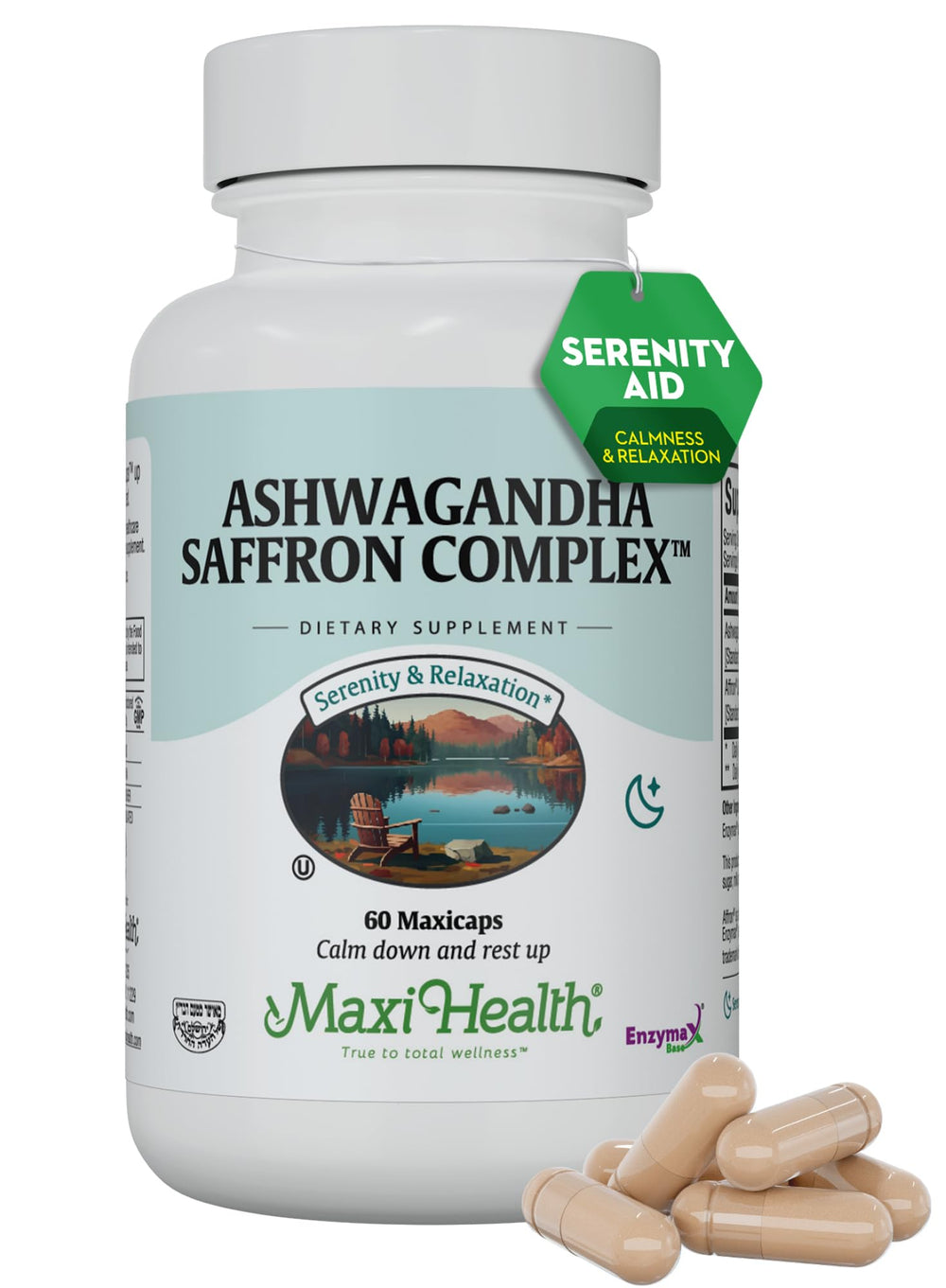 Maxi Health Ashwagandha Saffron bottle for daily stress support and mood balance