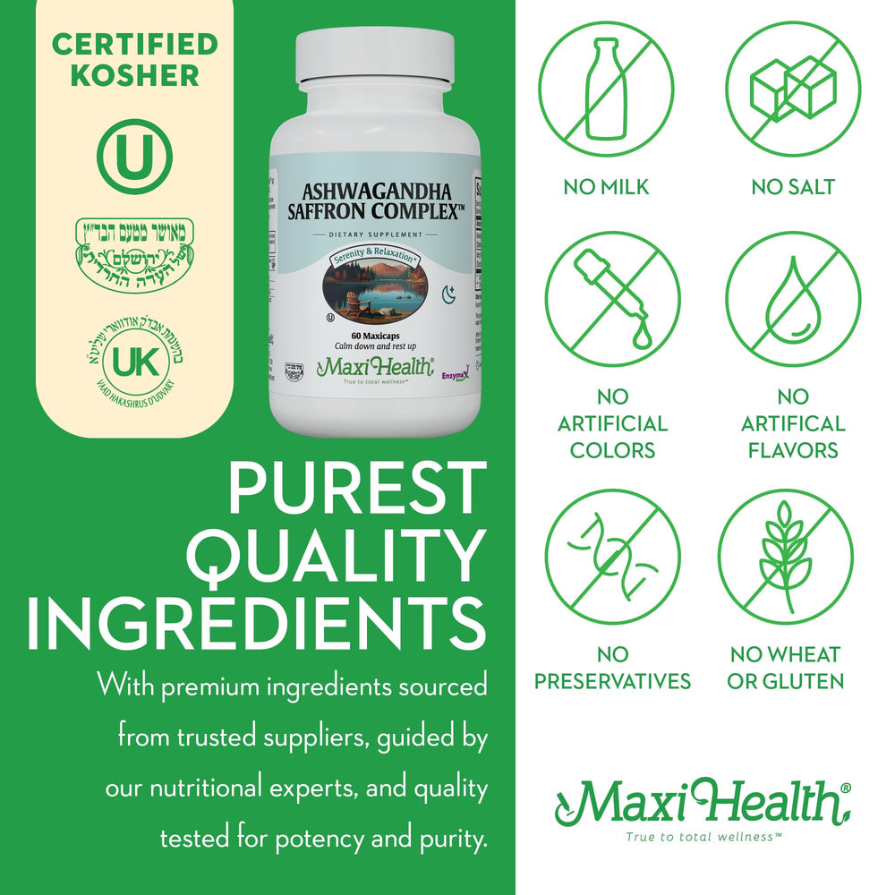 Maxi Health Ashwagandha Saffron label close-up with ingredients