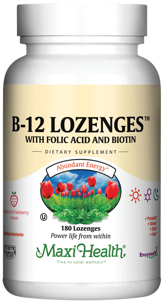Maxi Health B12 lozenges strawberry bottle for daily energy support.