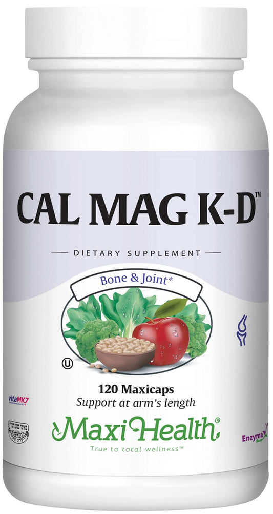 Maxi Health calcium-d3-k2-magnesium bottle for daily bone support.