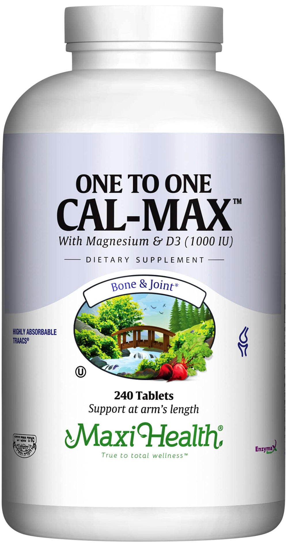 Maxi Health calcium-d3-magnesium 1to1 tablets showing balanced minerals for bones and joints