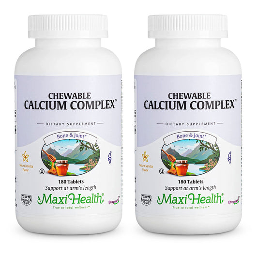 Maxi Health Chewable Calcium Complex vanilla bottle front view for easy daily use