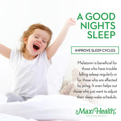 Kid dosing scene with Maxi Health Melatonin lemon for a child-friendly bedtime routine.