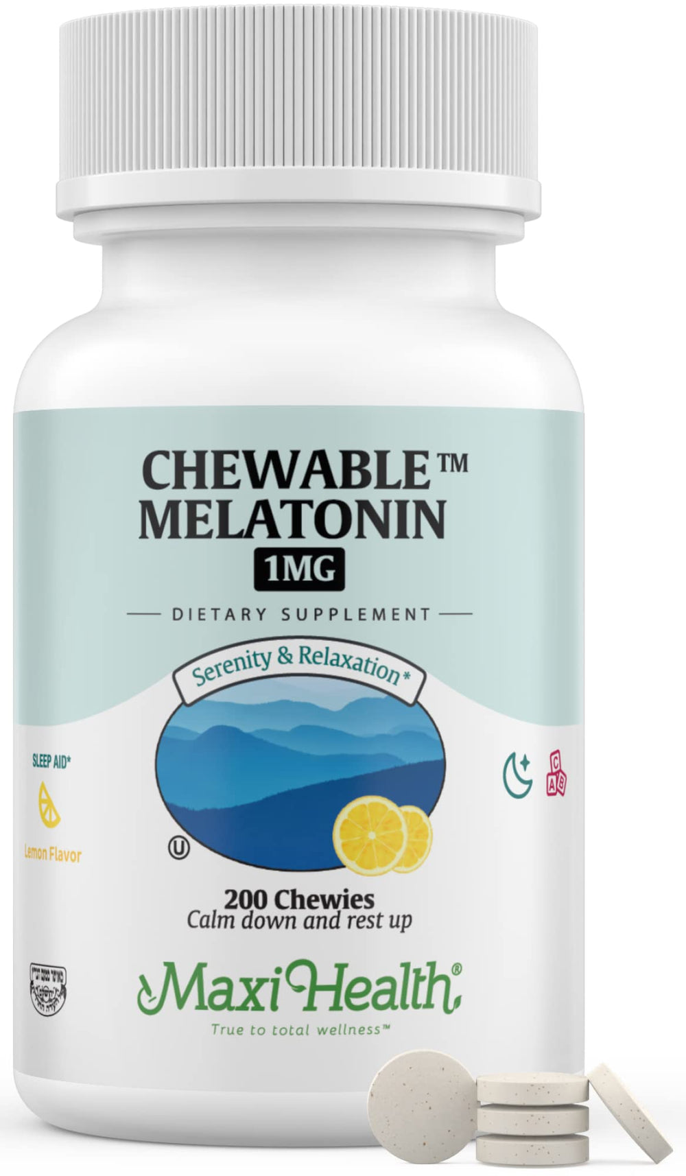Maxi Health Chewable Melatonin lemon tablets pack highlighting a family-friendly sleep option.