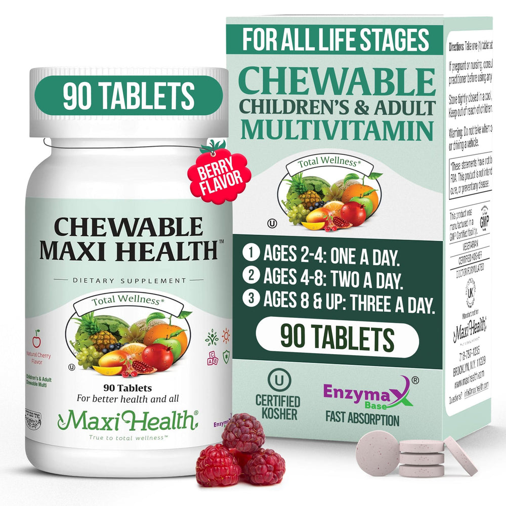 Maxi Health cherry flavored chewable multivitamin bottle for daily nutrition
