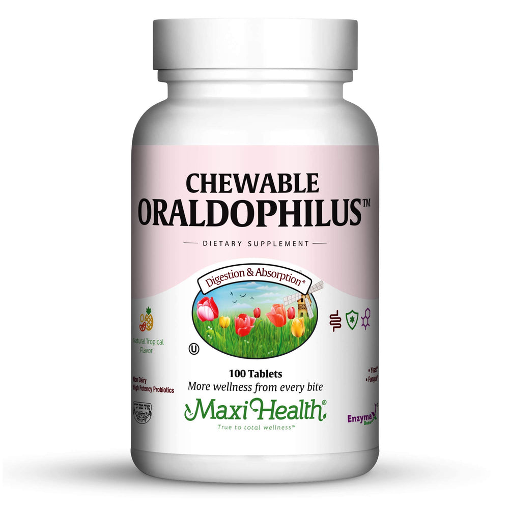 Maxi Health Oraldophilus tropical flavor bottle offers a tasty probiotic option for daily digestion