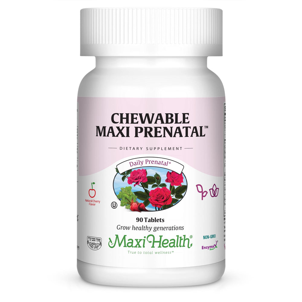 Maxi Health prenatal chewables in bottle front for convenient daily nourishment