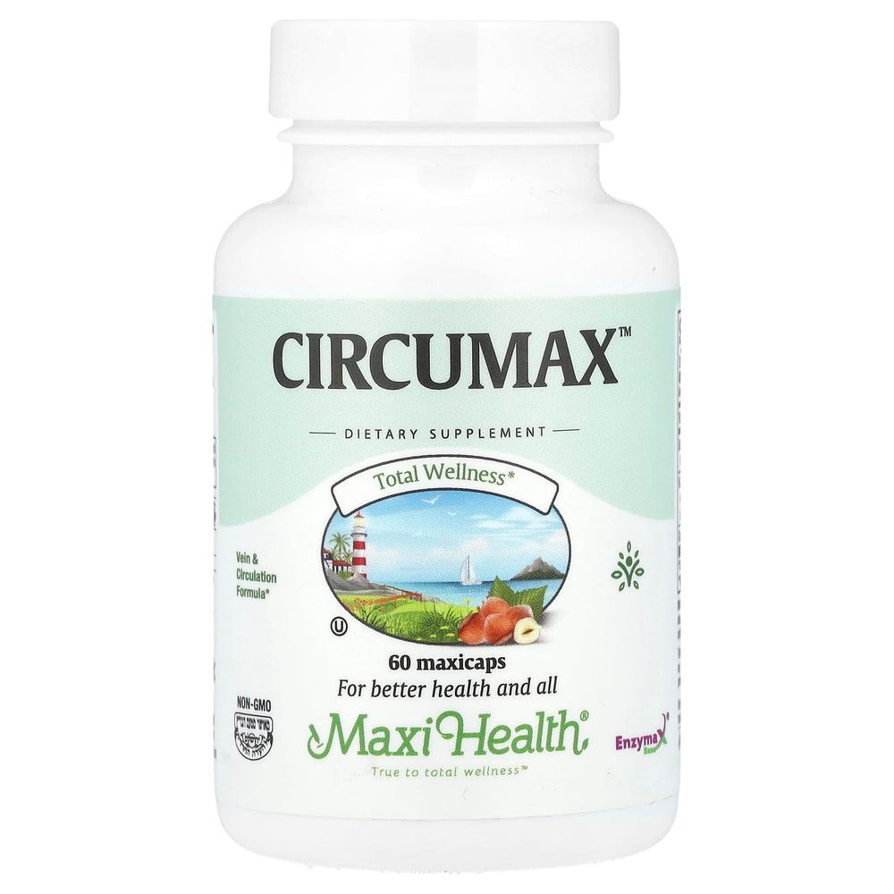 Maxi Health CircuMax vein bottle close-up for daily circulation support.