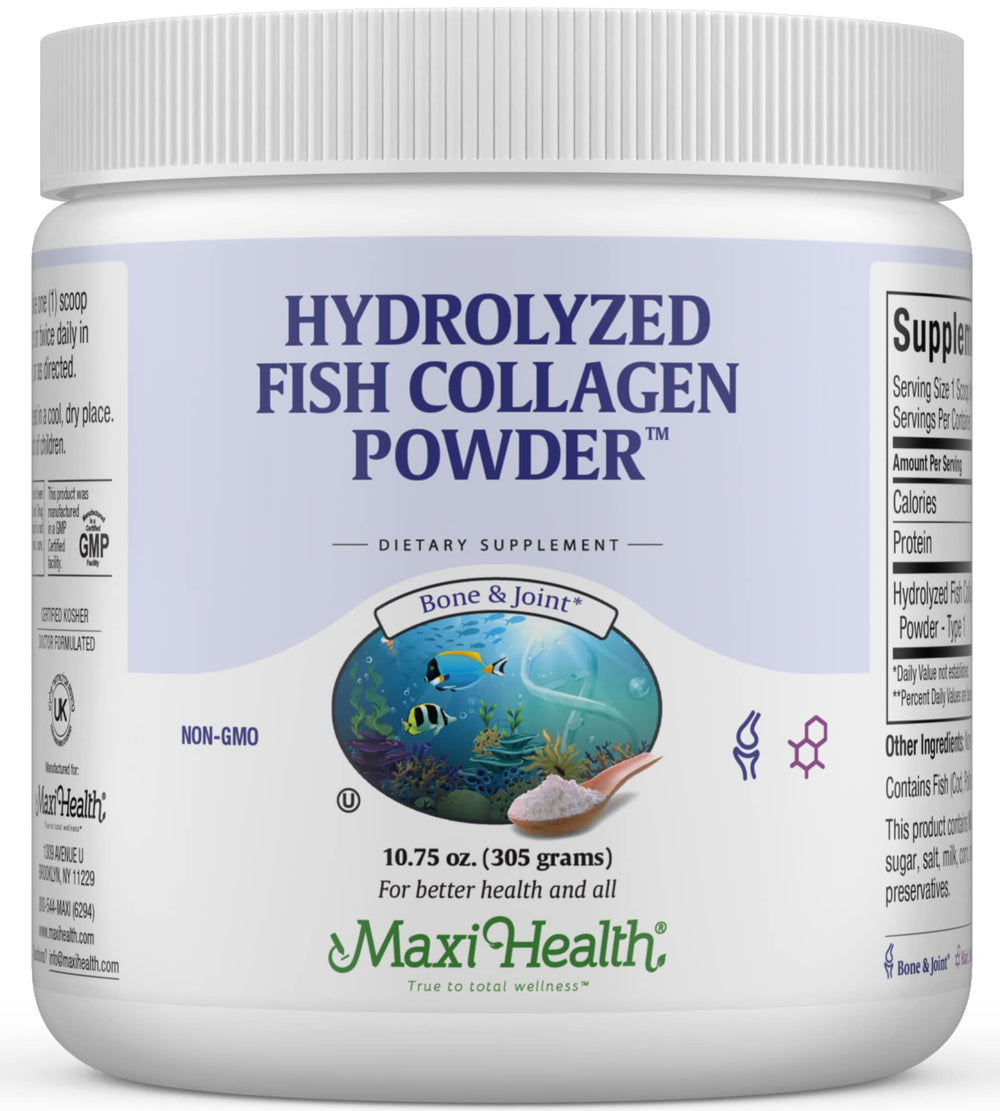 Maxi Health collagen peptides bottle front, marine Type I collagen for skin and joints