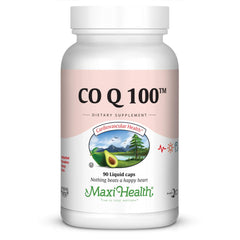Maxi Health COQ10 100mg liquid caps bottle supports heart energy and circulation.