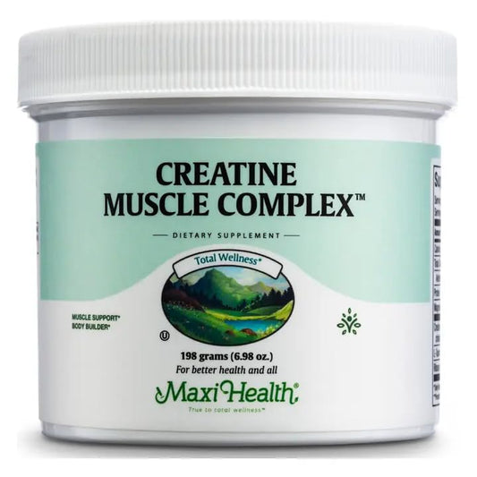 Maxi Health creatine bottle shows vegan and Kosher formula for workouts