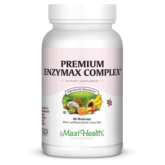 Maxi Health Enzymax bottle front with label highlighting digestive support.