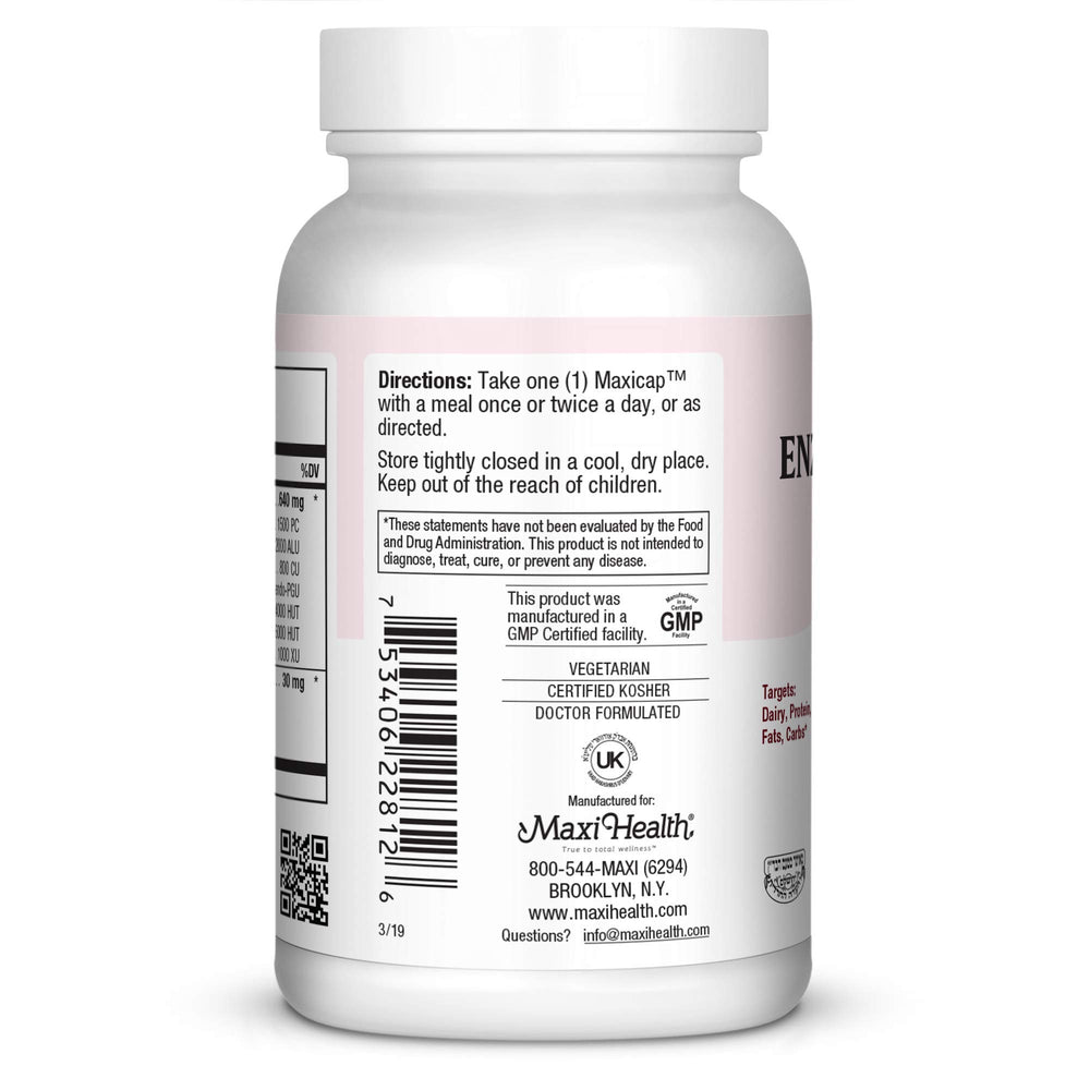 Maxi Health Enzymax label details highlight non-GMO and kosher certifications