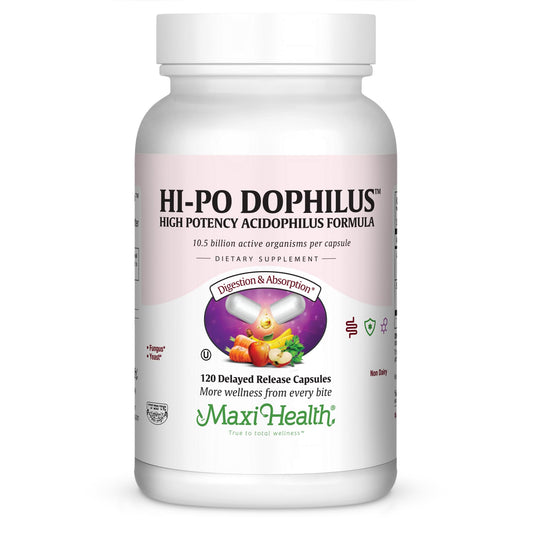 Maxi Health Hi-Po Dophilus bottle shows 120 vegetarian capsules for daily digestive support.