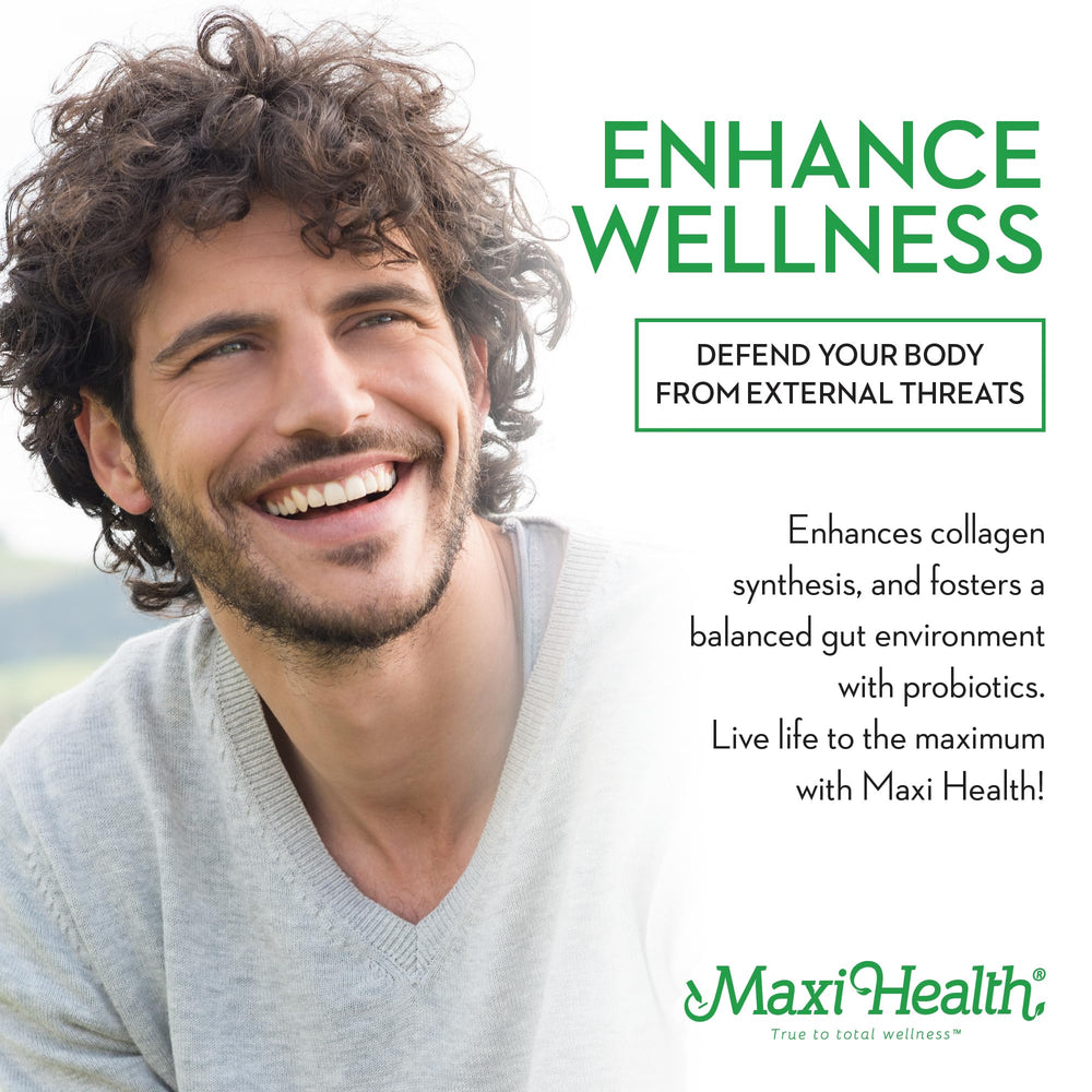 Product ingredients graphic showing kosher-certified labeling for Maxi Health Lysine