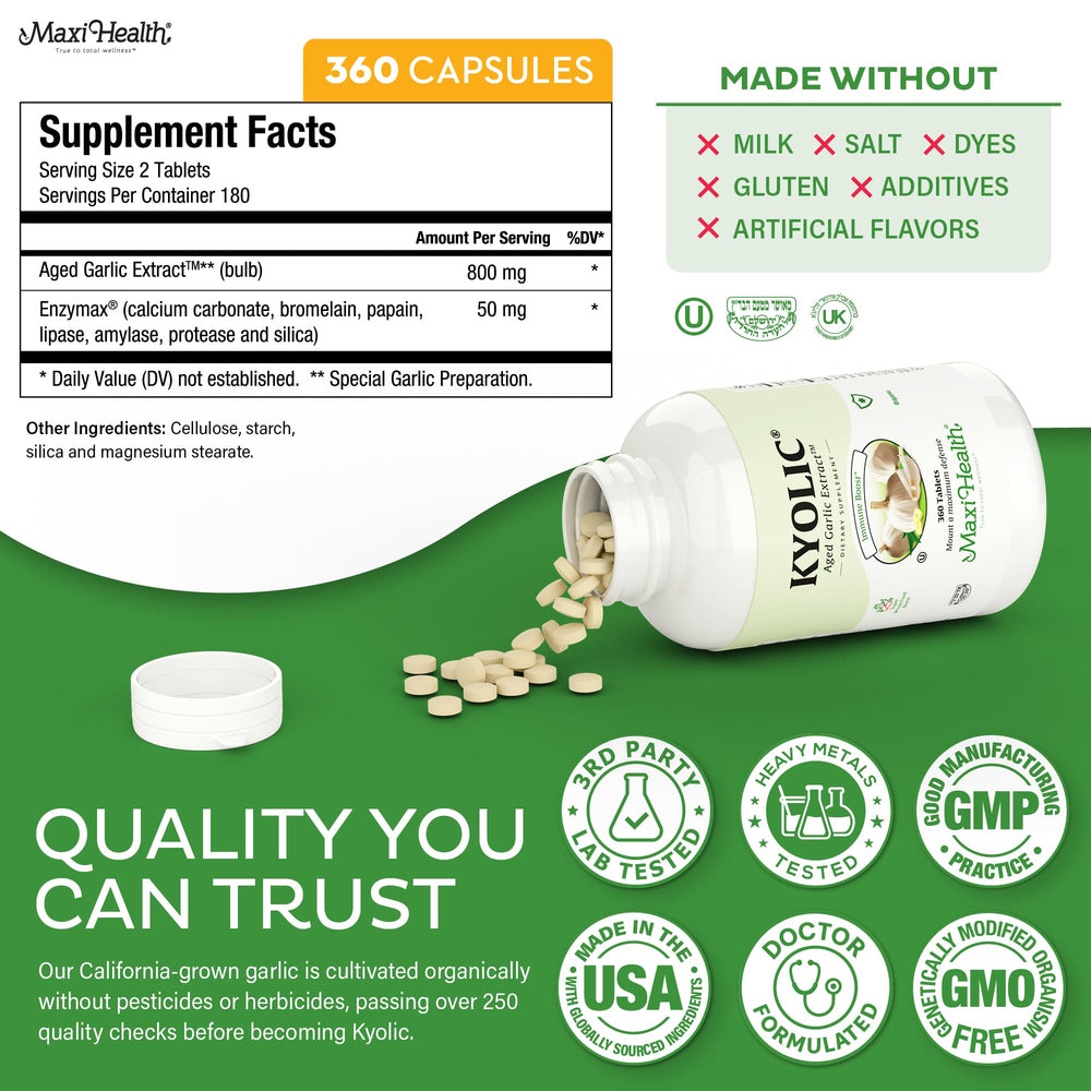 Kosher certification label on Maxi Health Kyolic garlic bottle