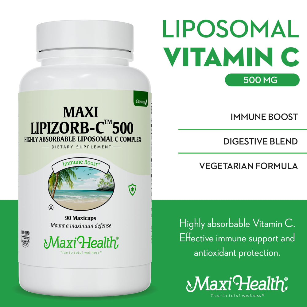 Label reading Made in USA on Maxi Health Lipizorb-C bottle.