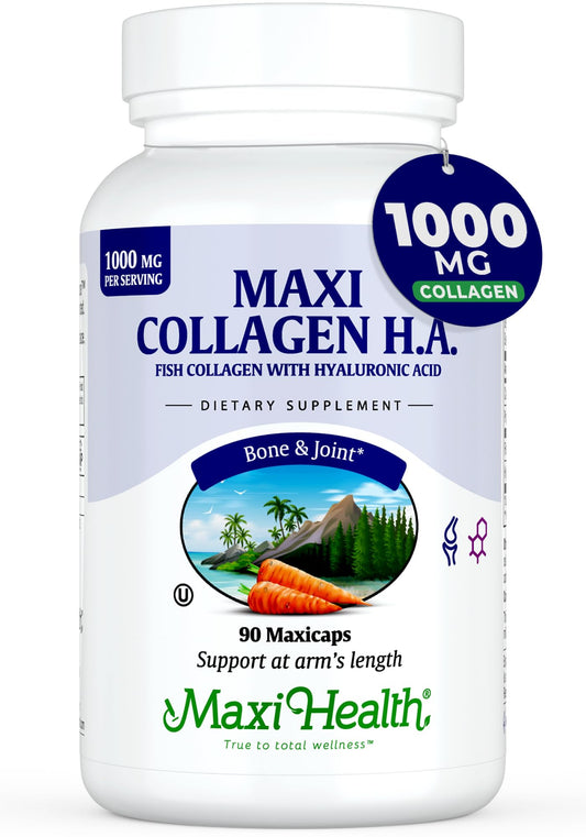 Maxi Health Marine Collagen Pills bottle shows joint support and skin benefits.