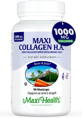 Maxi Health Marine Collagen Pills bottle shows joint support and skin benefits.
