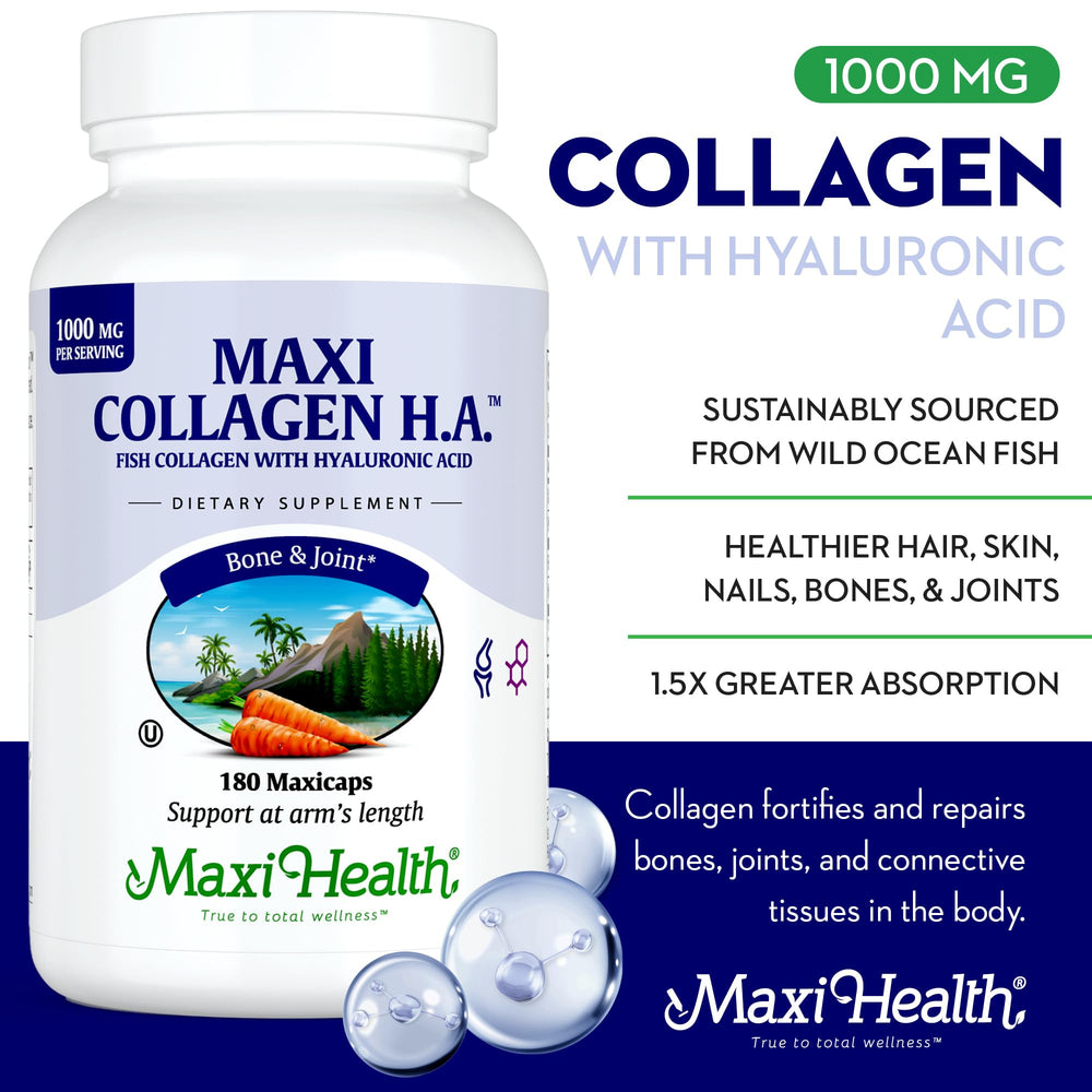 Close-up of Maxi Health collagen capsules, easy-to-swallow