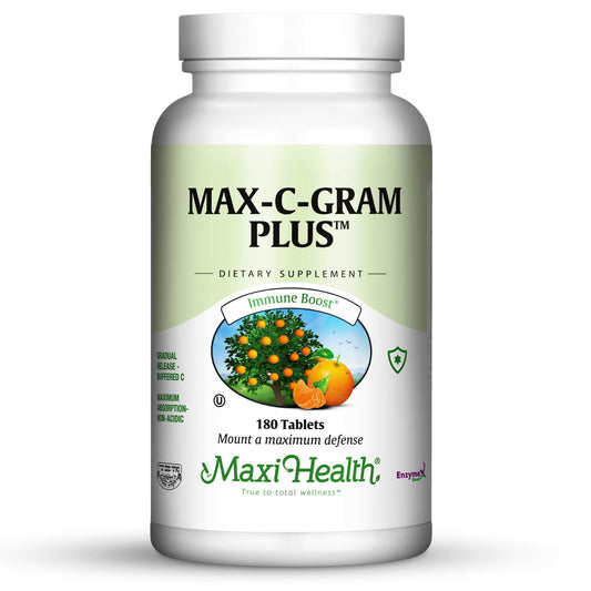 Maxi Health Max C Gram Plus bottle shown for everyday immune support.