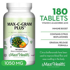 Maxi Health Max C Gram Plus label detail showing buffered vitamin C.