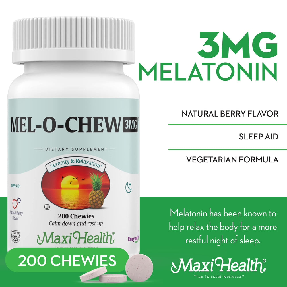 Maxi Health Mel-O-Chew bottle side shows ingredients and Enzymax technology