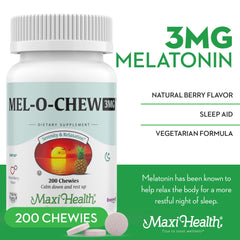 Maxi Health Mel-O-Chew bottle side shows ingredients and Enzymax technology