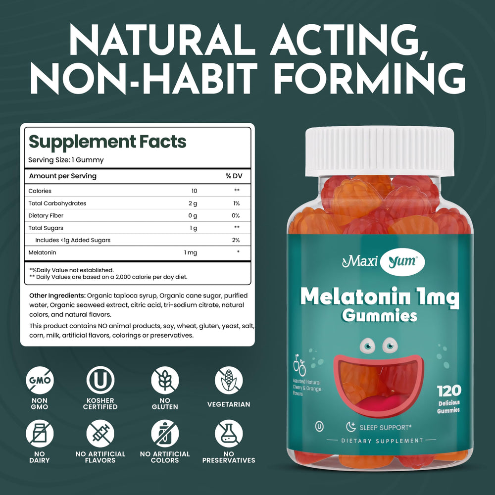 Maxi Health melatonin gummies made in USA badge and certification
