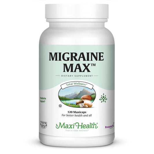 Maxi Health Migraine Max bottle front with natural, easy-to-swallow capsules.