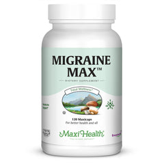 Maxi Health Migraine Max bottle front with natural, easy-to-swallow capsules.