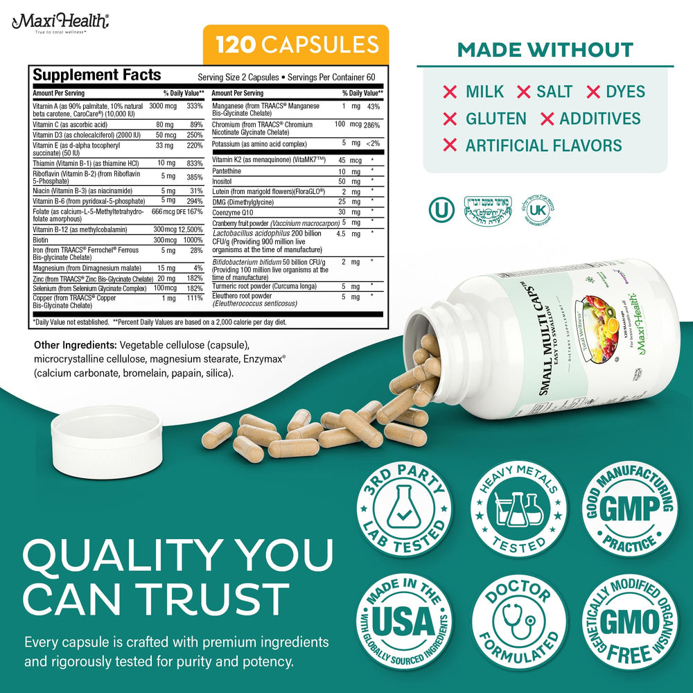 Bottle beside ingredients featuring turmeric, cranberry and enzymes from Maxi Health