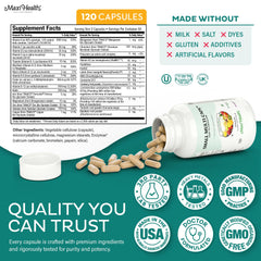 Bottle beside ingredients featuring turmeric, cranberry and enzymes from Maxi Health