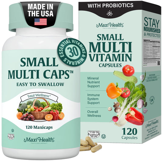 Maxi Health multivitamin mini capsules close-up in bottle for easy daily nutrition