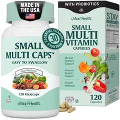 Maxi Health multivitamin mini capsules close-up in bottle for easy daily nutrition