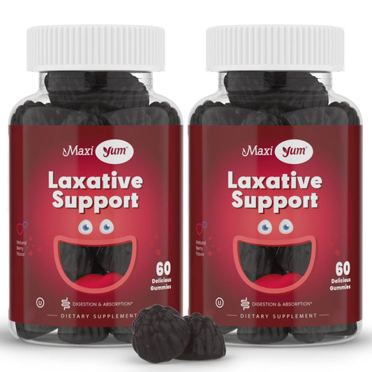 Maxi Health Natural Laxative Gummies bottle on countertop suggesting gentle overnight support