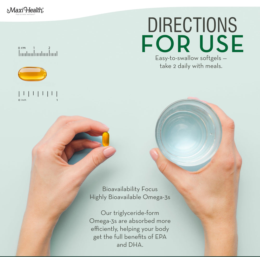 Maxi Health Omega 3 softgel capsules beside daily-use cup.