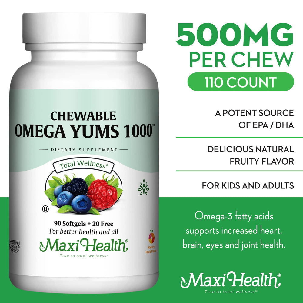 Maxi Health Omega Yums 1000 kid-friendly flavor promotes daily omega-3 intake.