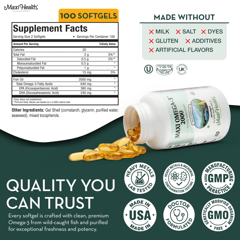 Maxi Health Omega 3 ingredients list on bottle label for transparency.