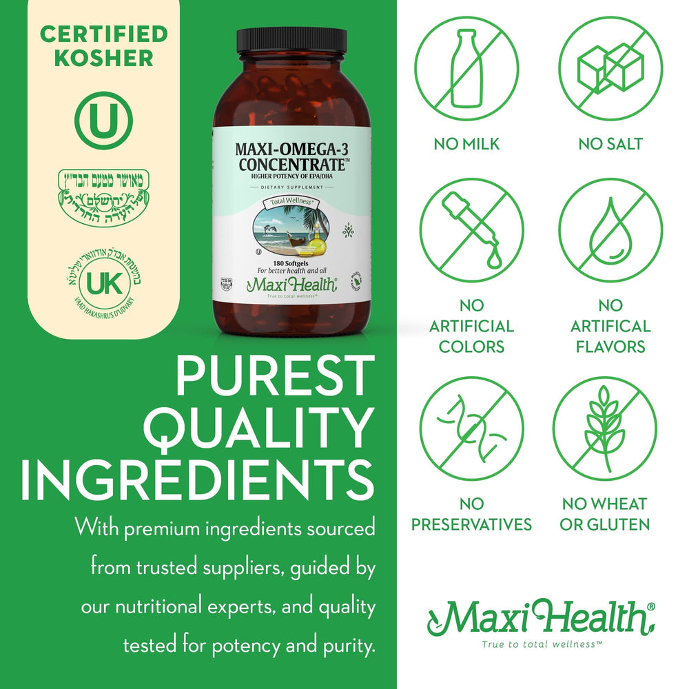 Maxi Health Omega3 packaging showing made in USA GMP facility claim.