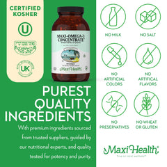Maxi Health Omega3 packaging showing made in USA GMP facility claim.
