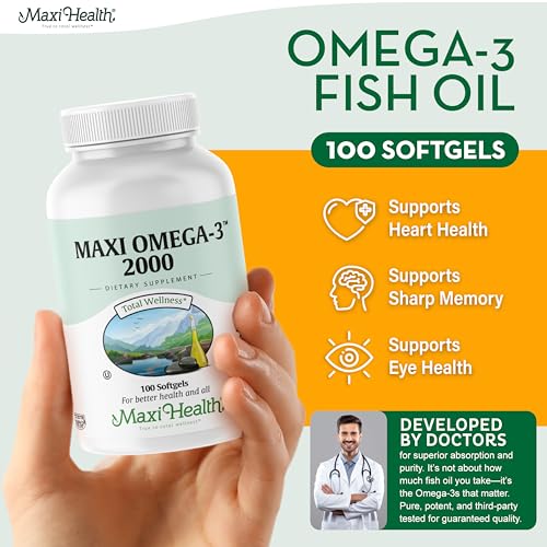 Maxi Health Omega 3 softgel close-up showing burpless capsules for comfortable use.