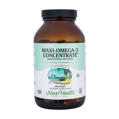Maxi Health Omega3 softgels bottle front, triple-strength formula for heart, brain, and joints.