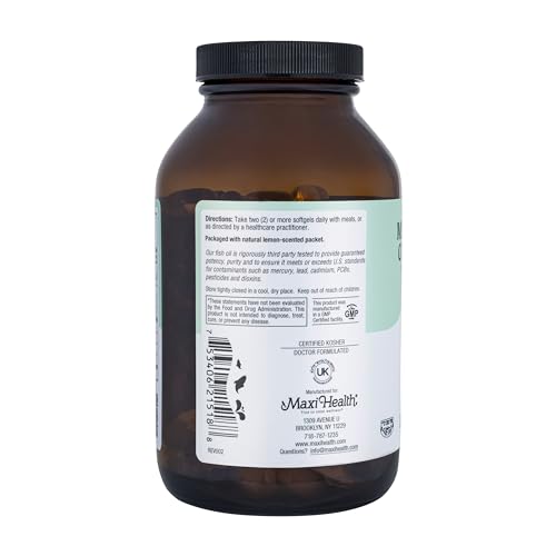 Maxi Health Omega3 third-party testing seal on label emphasizing quality.