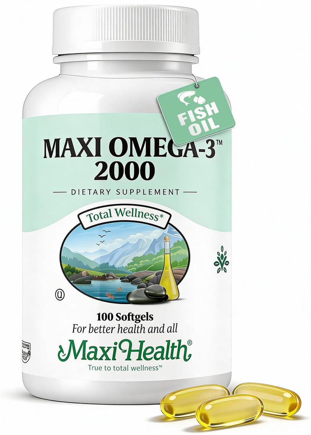 Maxi Health Omega 3 triple-strength bottle for daily brain and heart support.