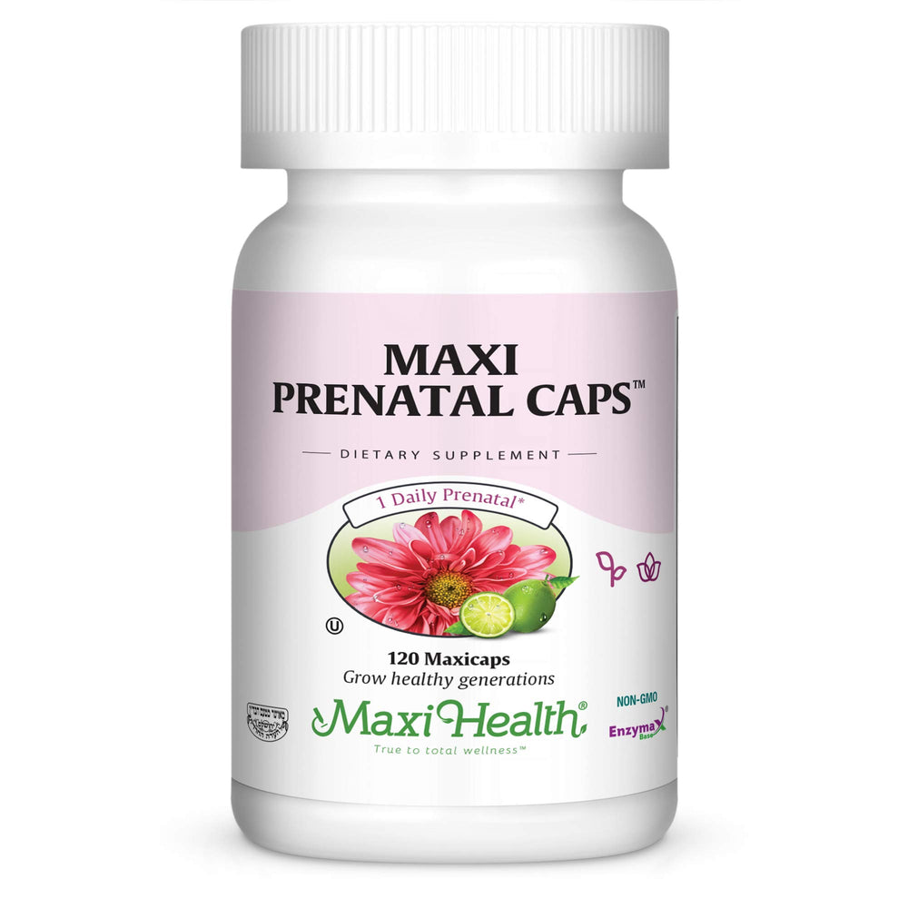 Maxi Health Prenatal bottle front showing the complete multivitamin for moms-to-be