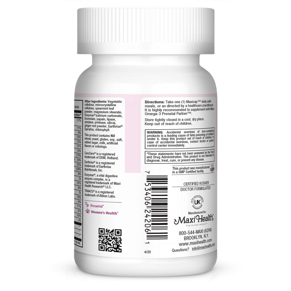 Maxi Health Prenatal capsules closeup, easy-to-take daily capsules for pregnancy