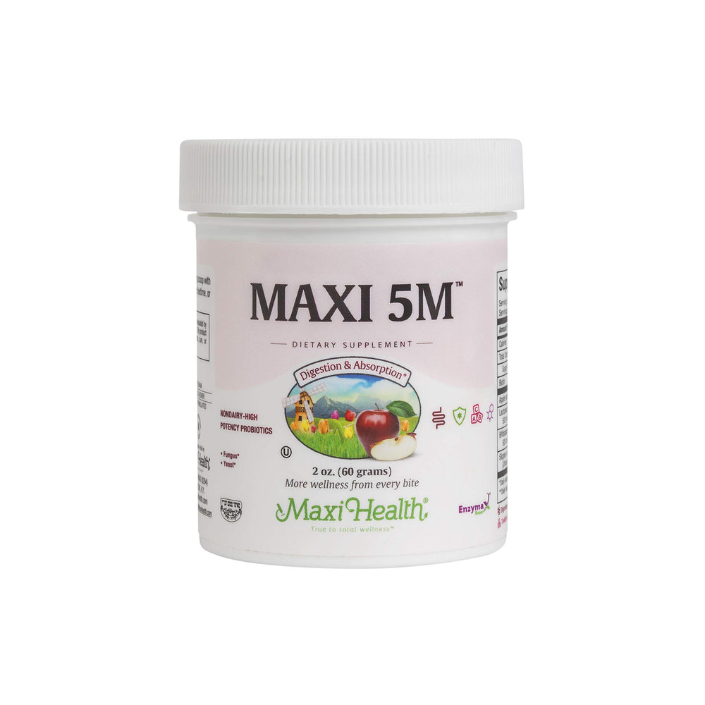 Maxi Health probiotic bottle showing acidophilus and bifidobacterium for gut balance.